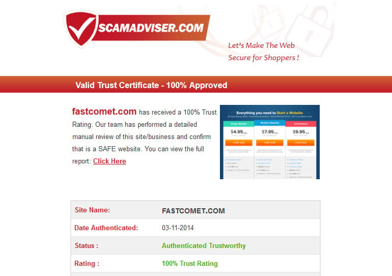 ScamAdviser Gave FastComet 100% Trust Rating
