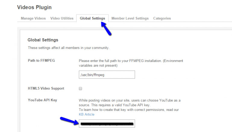 Selecting Global Settings and Entering your YouTube API key