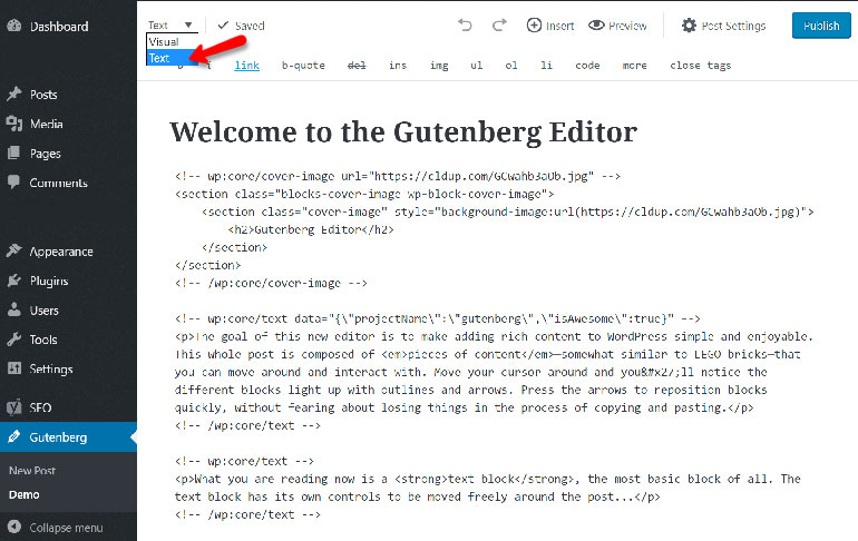 Gutenberg Editor Text Mode