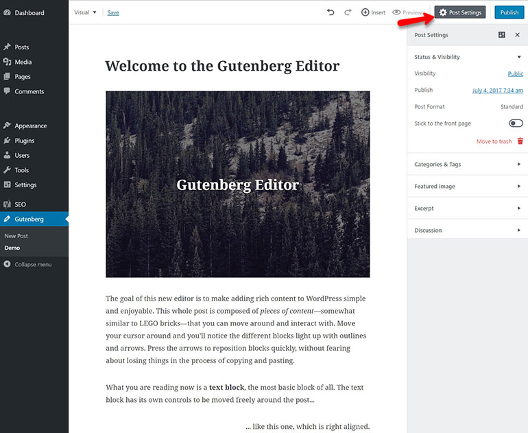 Gutenberg Block Editor Post Settings