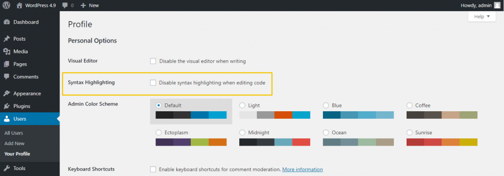 WordPress Disable Syntax Highlighting