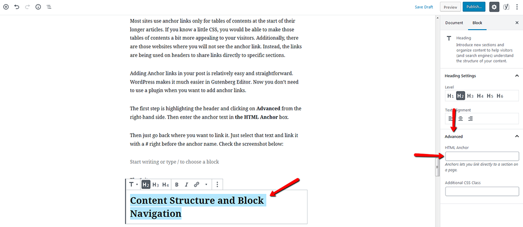 Add Ancho Links in Gutenberg