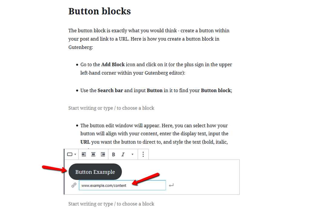 Button with URL Example in Gutenberg