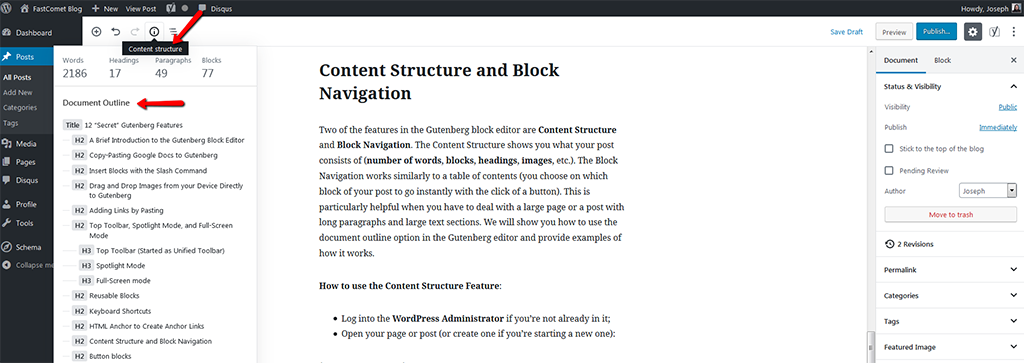 Content Structure and Document Outline in Gutenberg