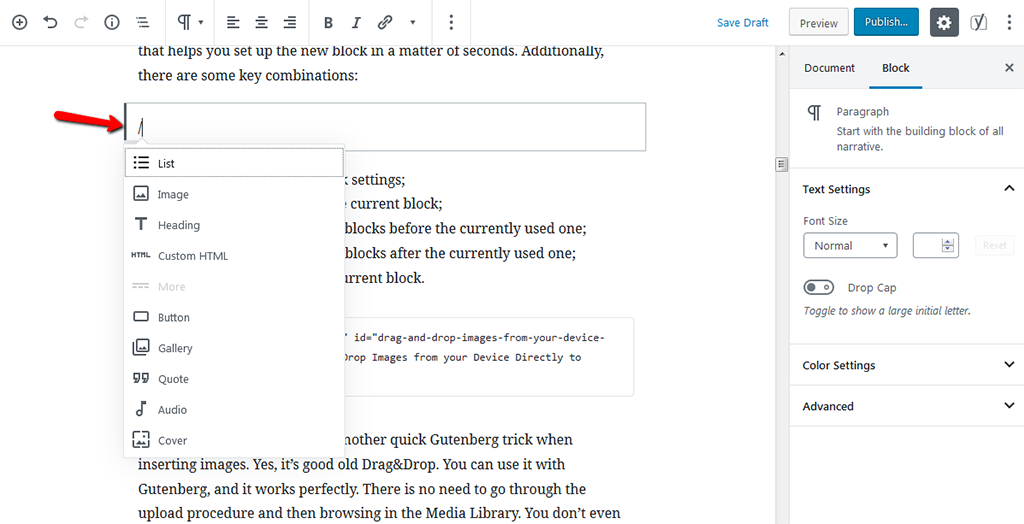 Insert Gutenberg Blocks With the Slash Command