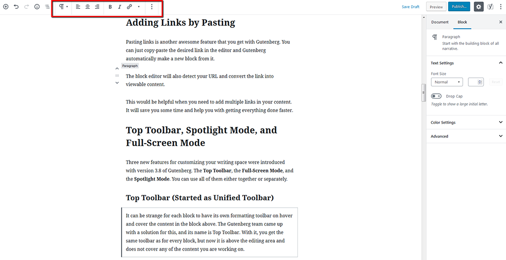 Top Toolbar Preview in Gutenberg