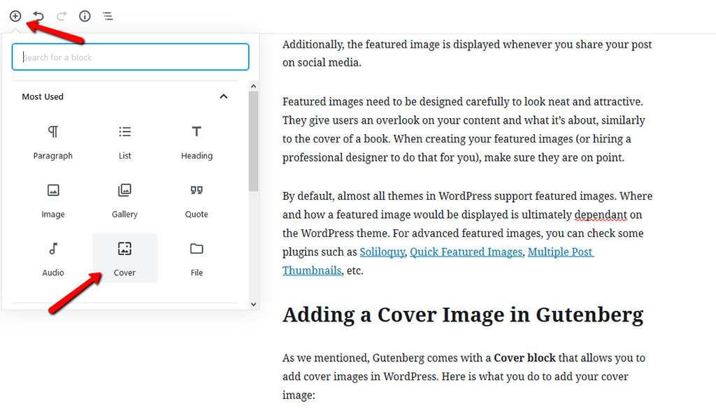 Find the Cover Block in WordPress-Gutenberg