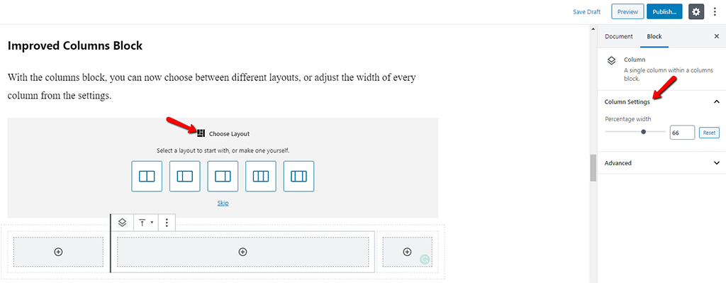 New Column Settings in Gutenberg