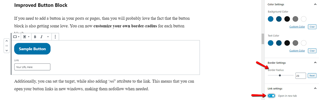 New Settings for The Button Block in Gutenberg