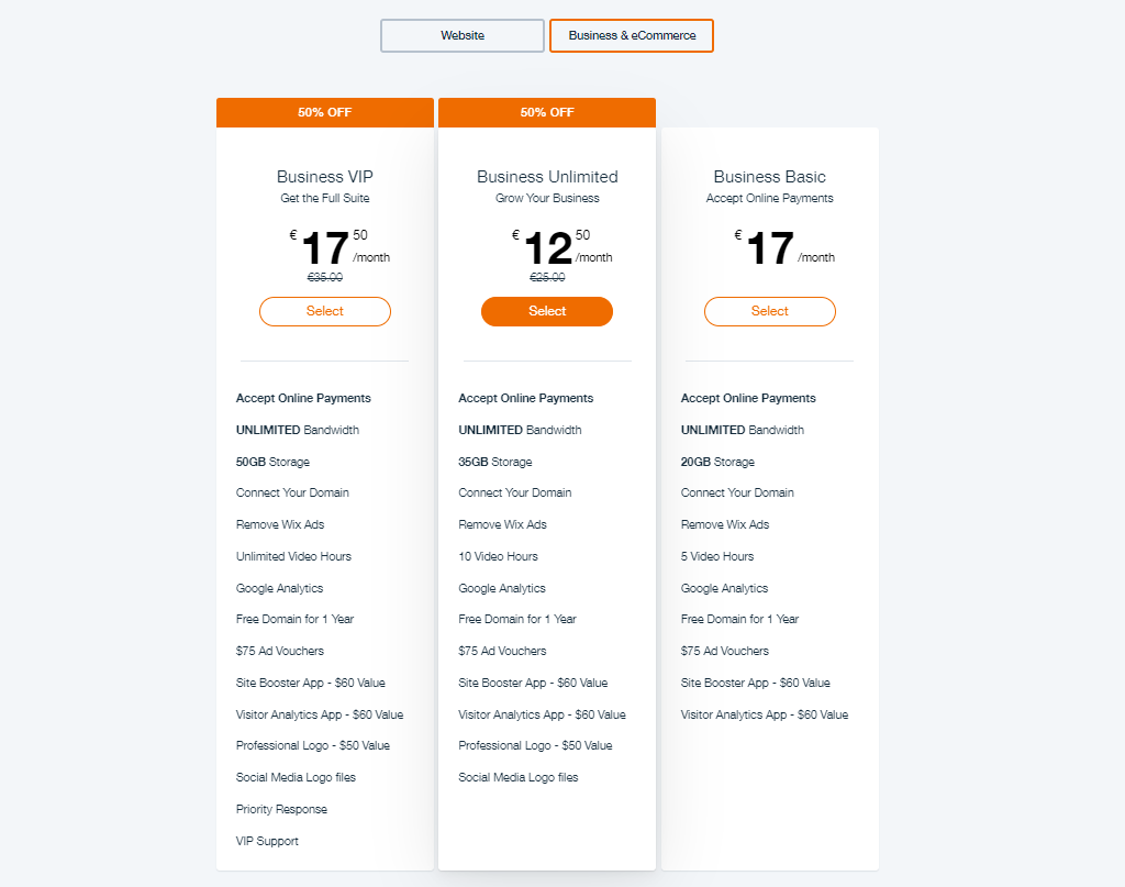 Wix Business and eCommerce Premium Plans