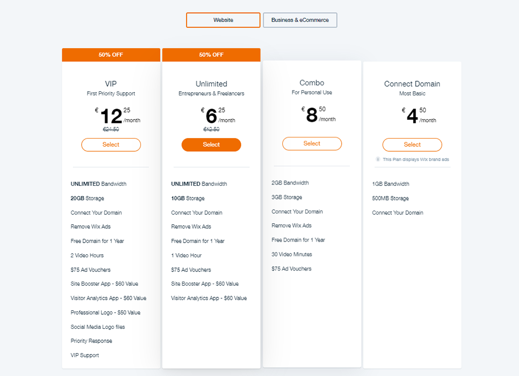 Wix Website Premium Plans