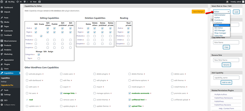 Choose a Role in PublishPress Capabilities Plugin