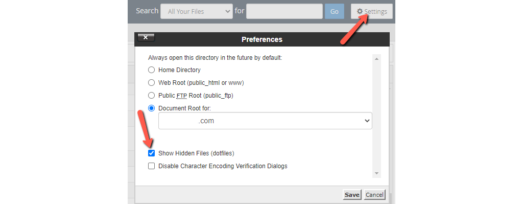 Turn on the Option to Reveal Hidden Files in cPanel