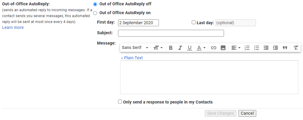 Gmail Out of Office Messages