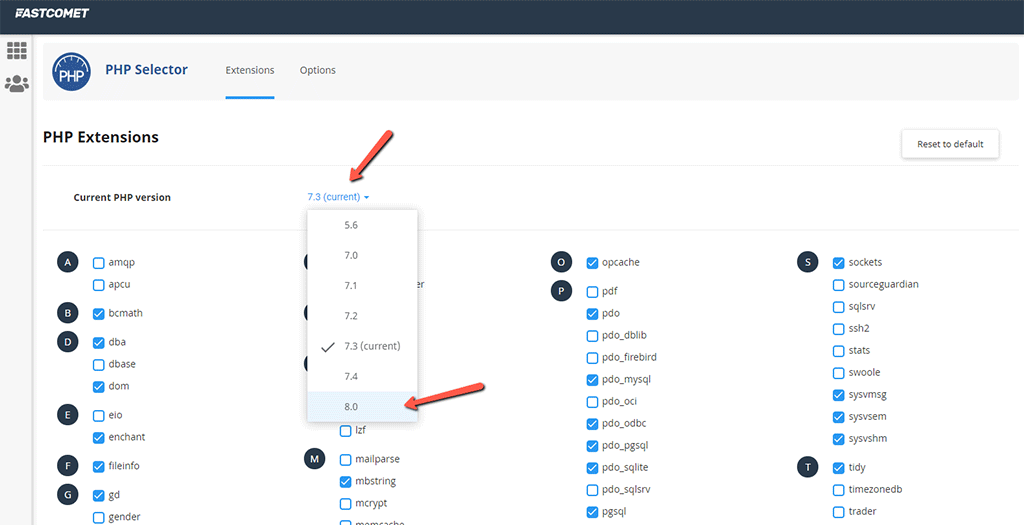 Choose PHP Version in PHP Selector