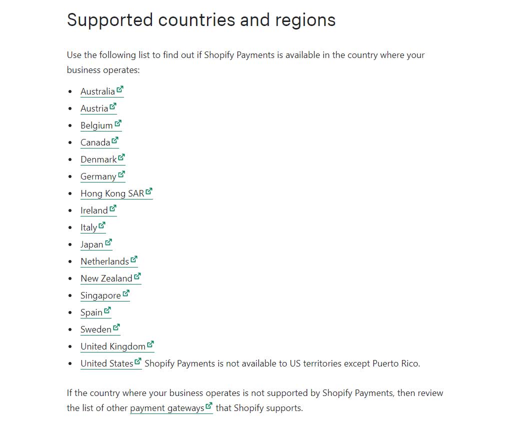 Shopify Payments Supported Countries