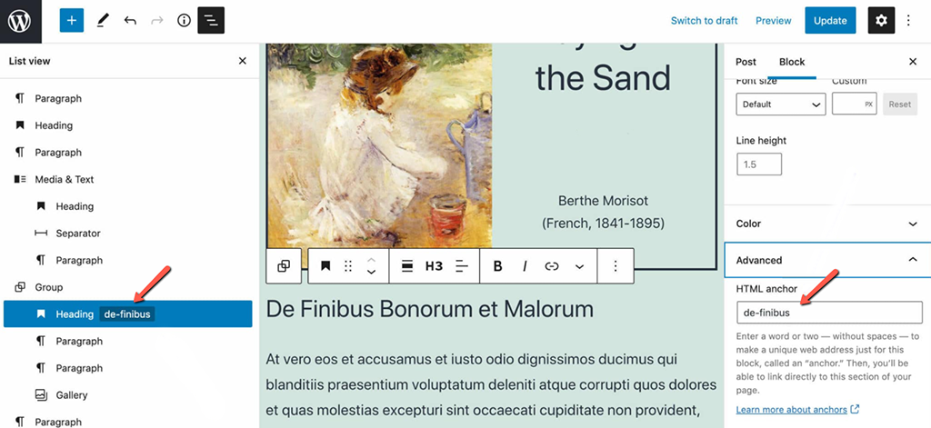 Adding Anchors to Blocks in WordPress 5.8