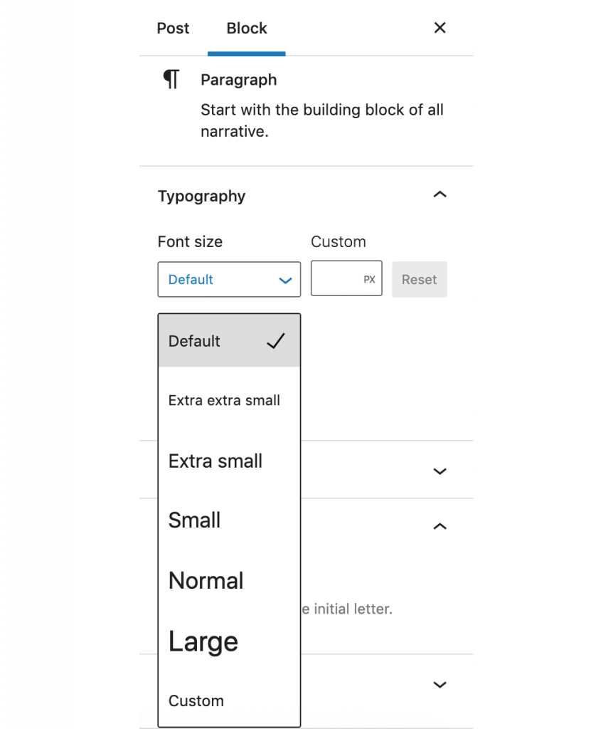 A Paragraph Block with Custom Font Size Presents