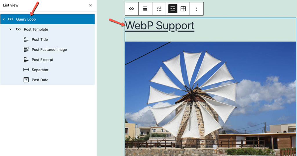 List View of a Query Loop Block