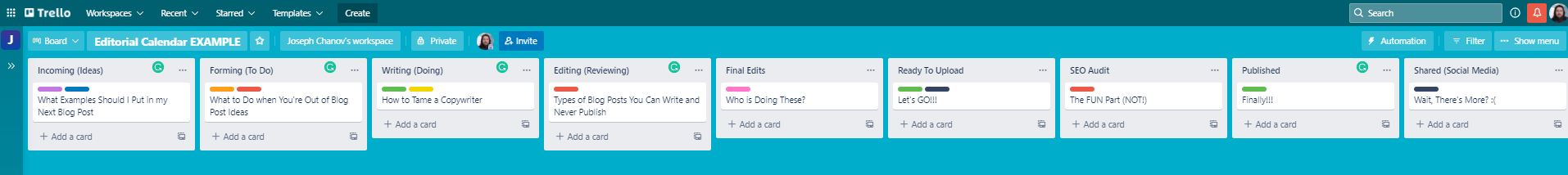 Trello Editorial Calendar voorbeeld