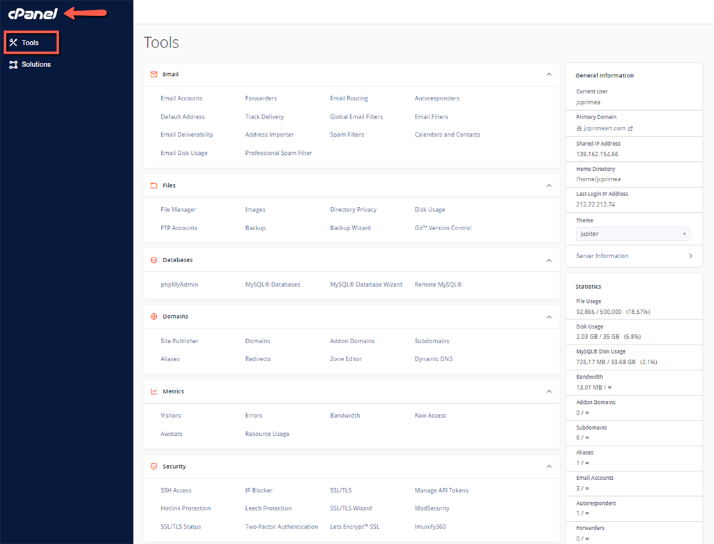 cPanel Jupiter Tools Page