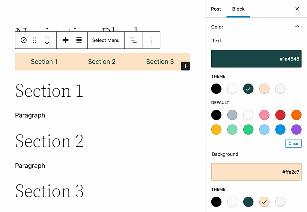 Navigation Block Color Settings