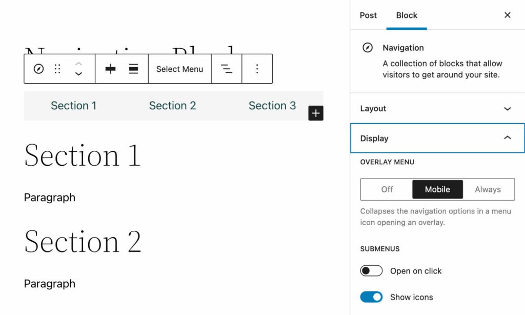 Navigation Block Display Settings