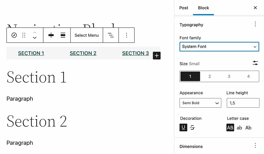 Navigation Block Typography Settings