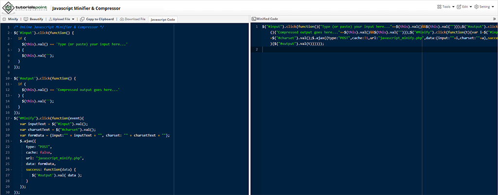 TutorialsPoint Online JavaScript Minifier