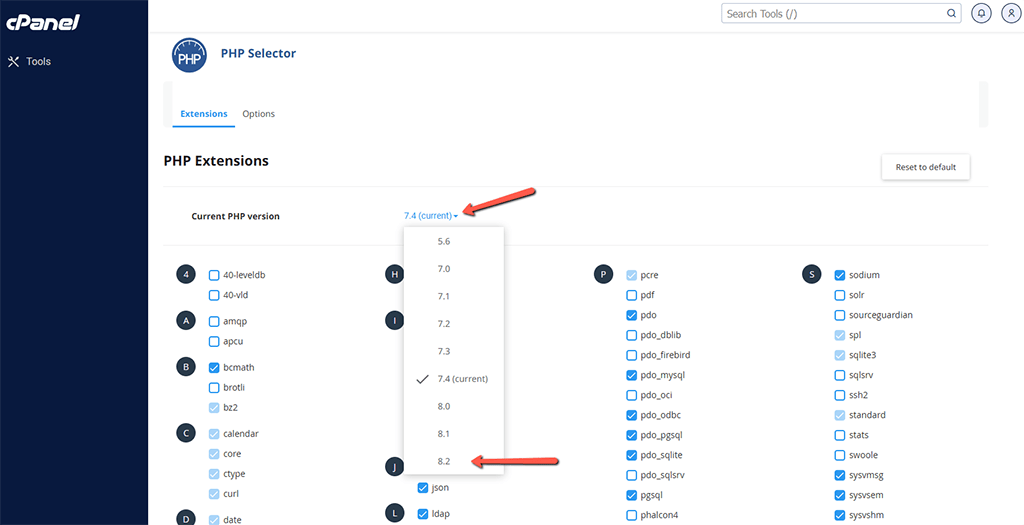 Choose PHP 8.2 in the PHP Selector