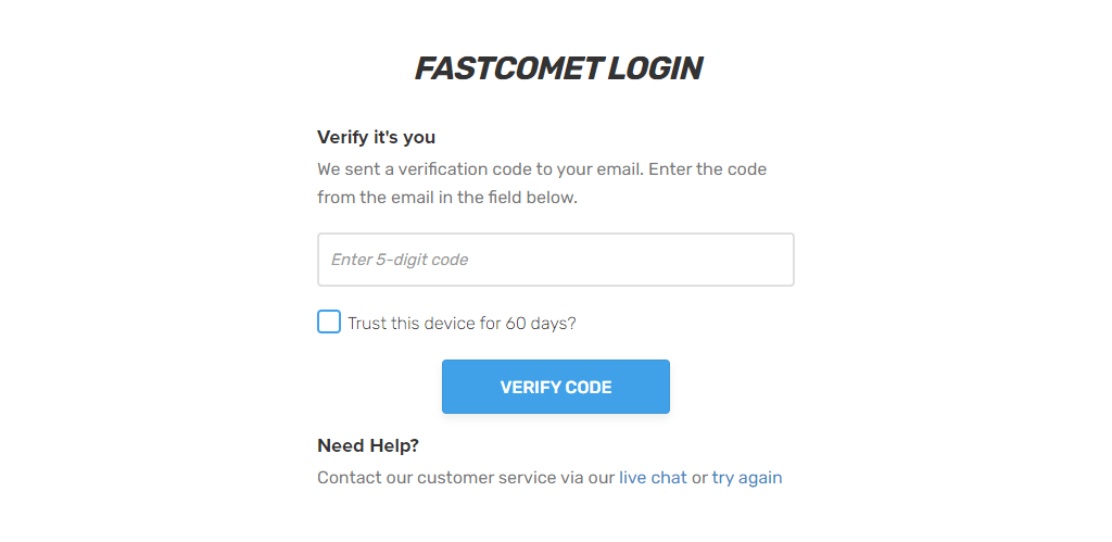 FastComet Client Area Security Code Screen