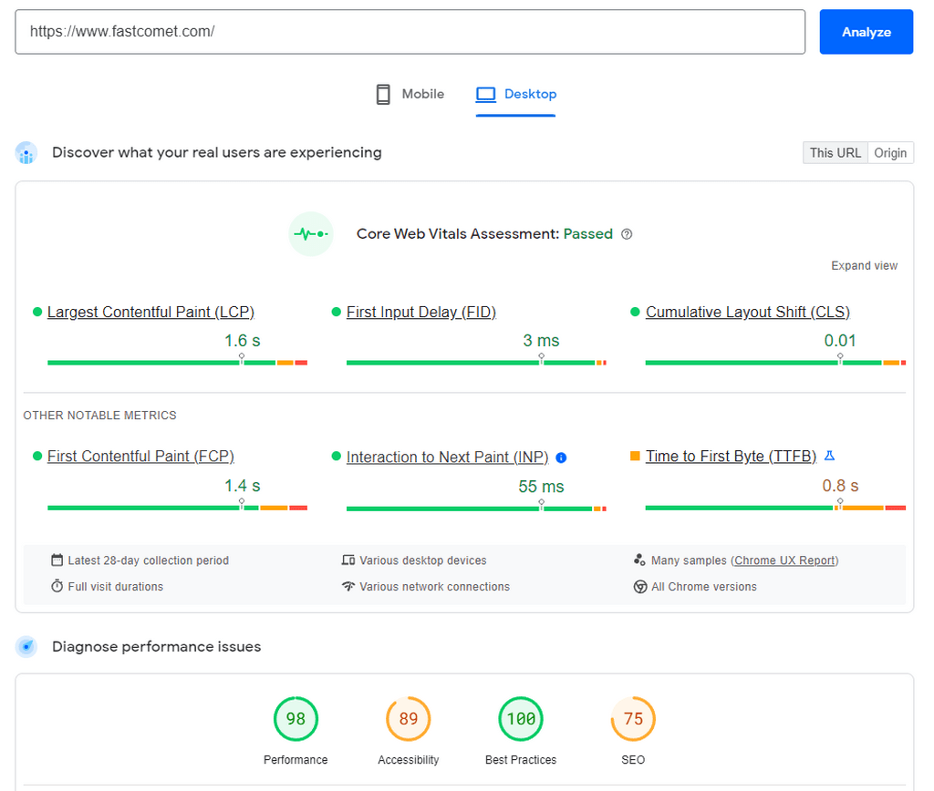 Google PageSpeed Example Fastcomet