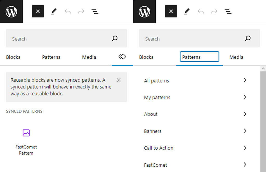 FastComet WP 6.4 Synced Pattern Comparison