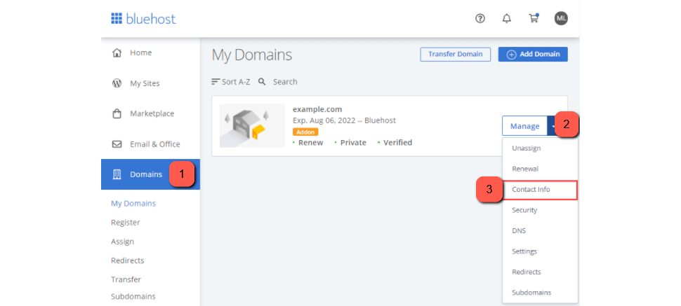 Select Contact Info in Your Bluehost Admin Panel