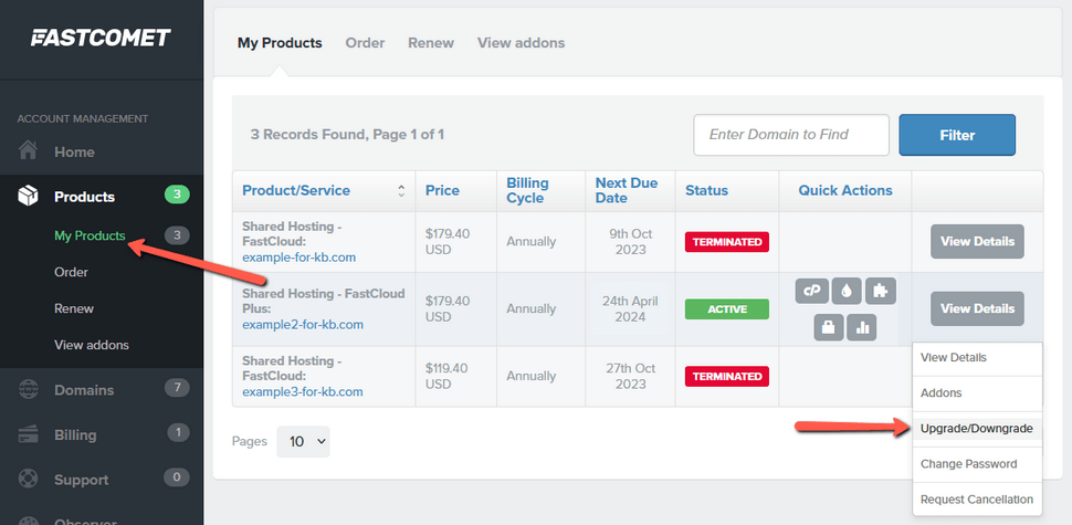 Access the Shared Hosting Package Upgrade and Downgrade Menu