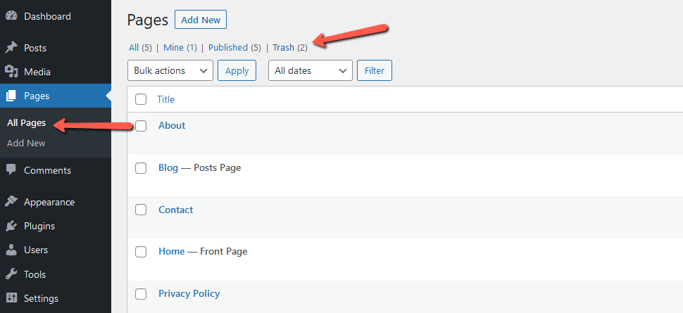 Access WordPress Pages Trash