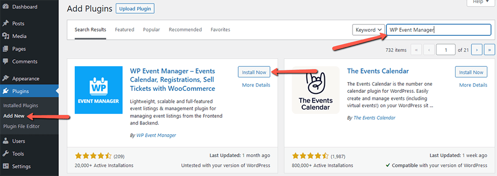 Add an Event Manager Plugin in WordPress