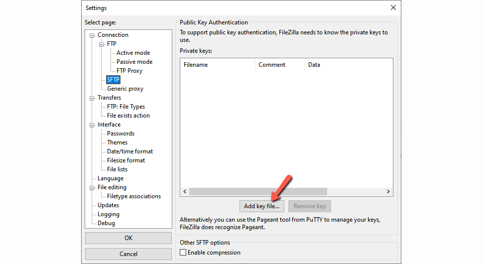 Add Key FileZilla