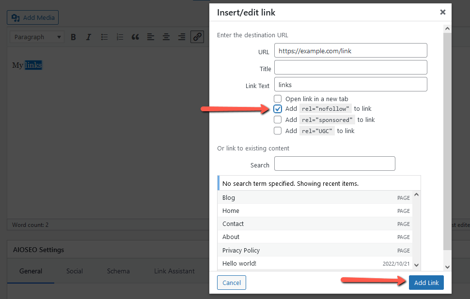 Add Nofollow in WordPress Classic Editor via AIOSEO