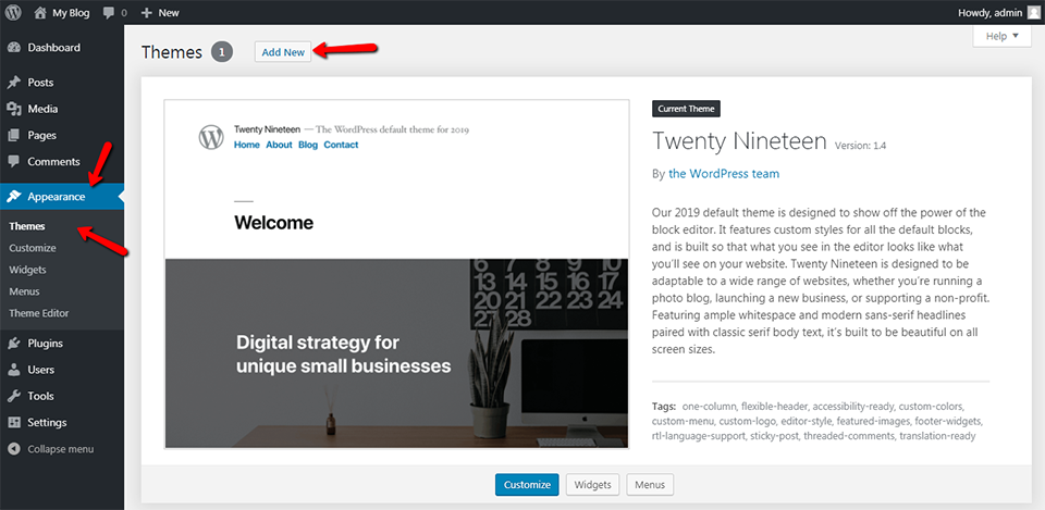 WordPress Appearance Add New Theme