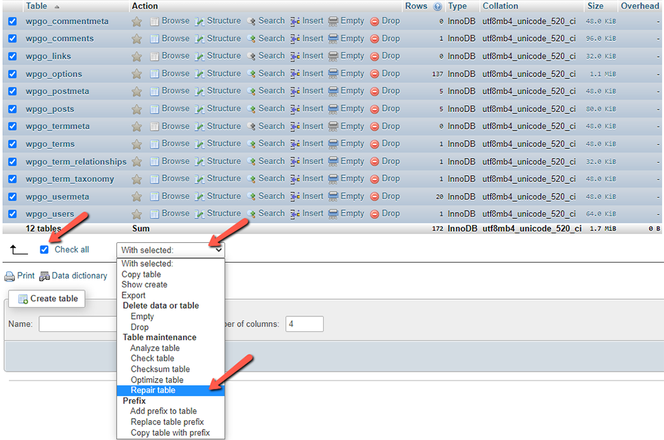 Repair Database Table