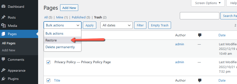 Bulk Restoring Pages in WordPress