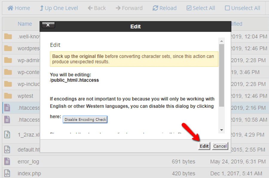 Click Edit on .htaccess for WordPress Site via File Manager