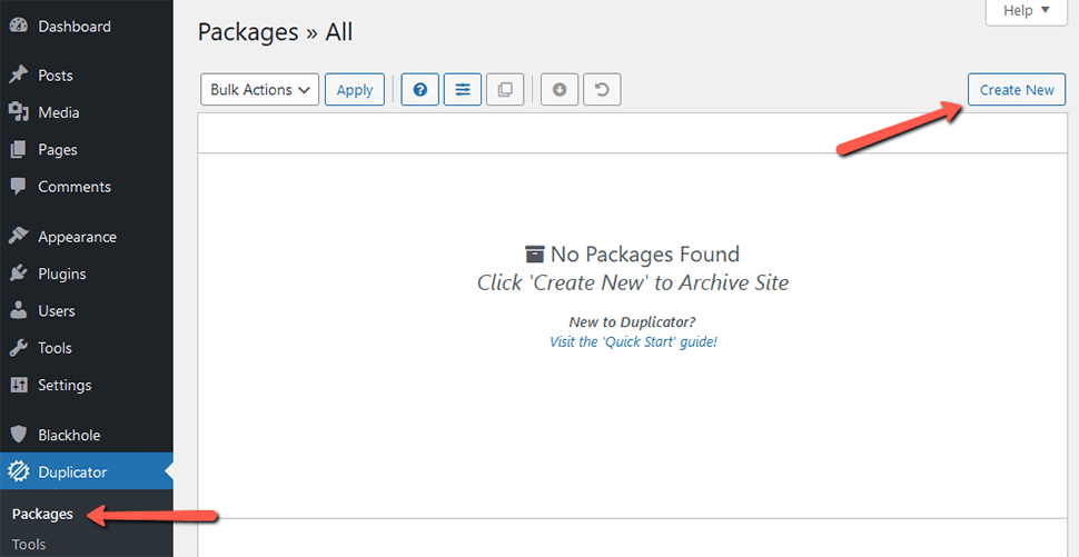 Create Package in WordPress Duplicator Plugin