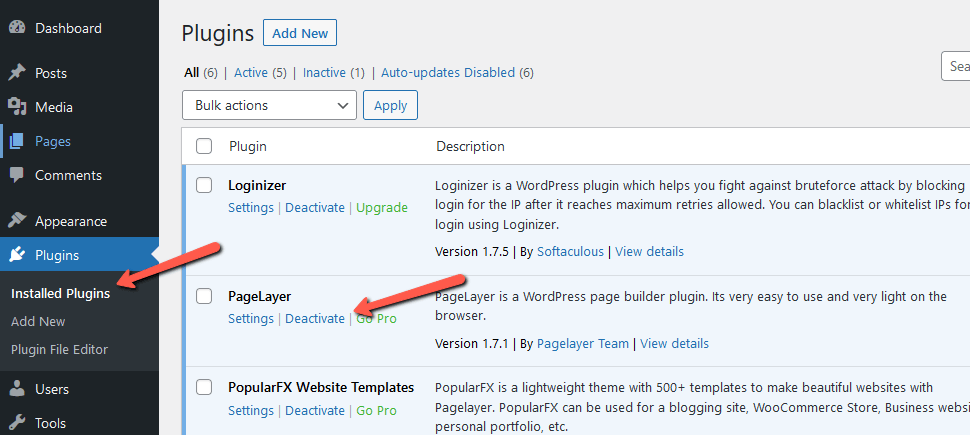 Deactivate Installed Plugins in WordPress