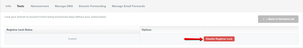 Disable Domain Registrar Lock