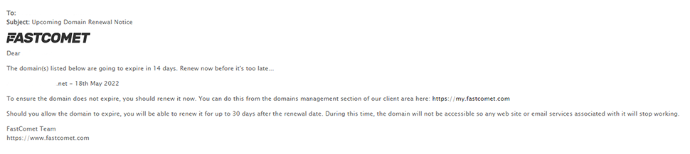 Domain Renewal Notice Email