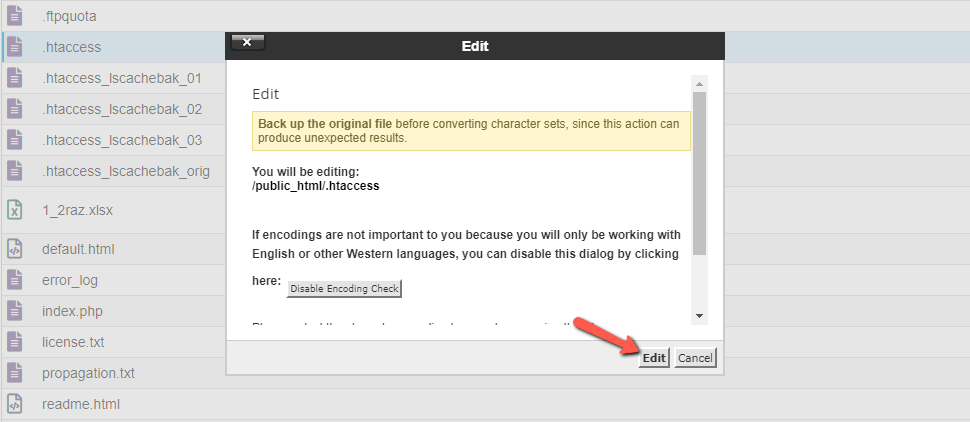 Click Edit on Htaccess Via File Manager