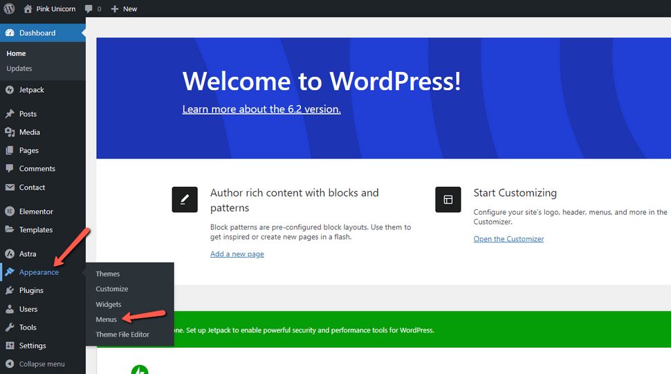 Enter the WordPress Menus Options