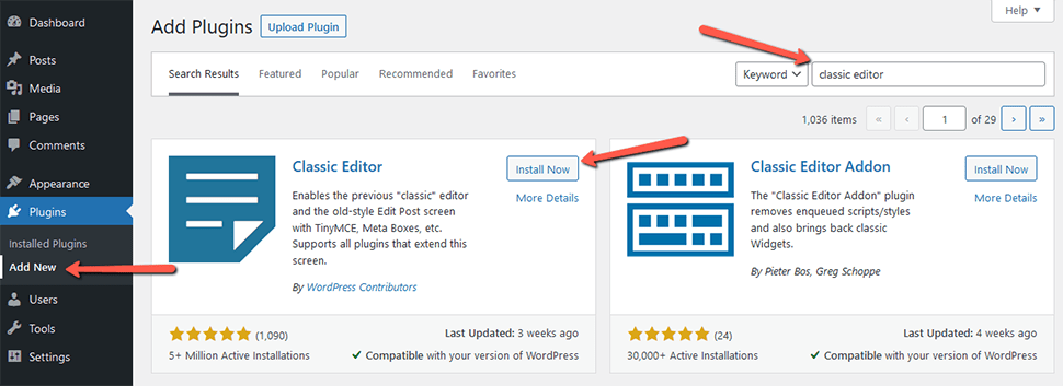 Find and Install the WordPress Classic Editor Plugin